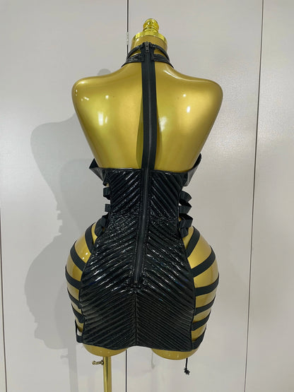 Sexy Black Leather Hollow Out Gothic Bandage Halter Short Dress Women Gogo Dance Singer Nightclub Bar Performance Stage Wear