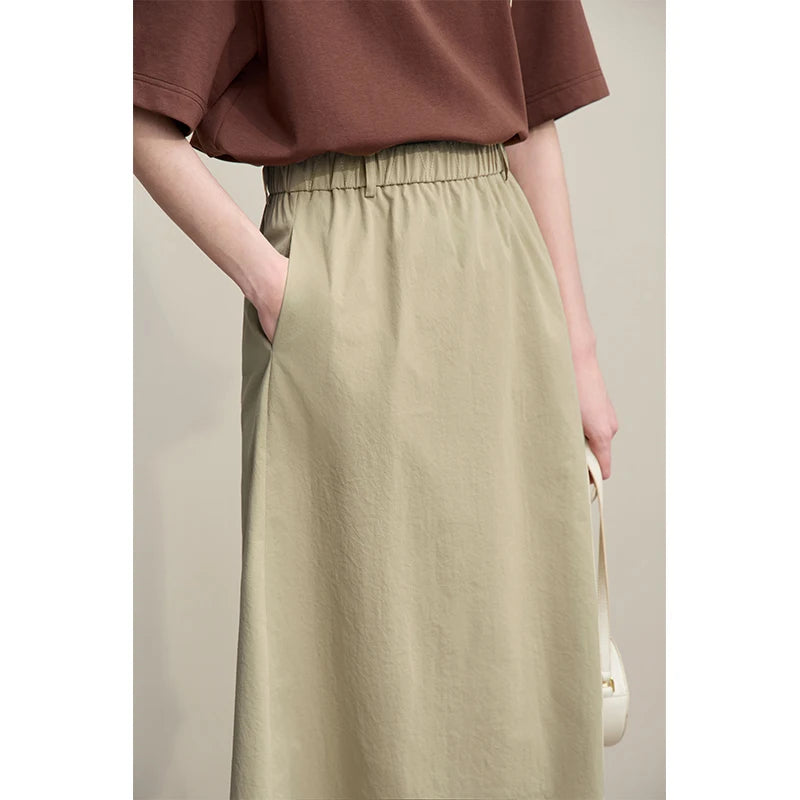 Women's Skirt 2026 Summer New Leisure Elastic Waist Slit A-Line Midi Skirt Women's Loose Embroidered Woman Clothes 12621058
