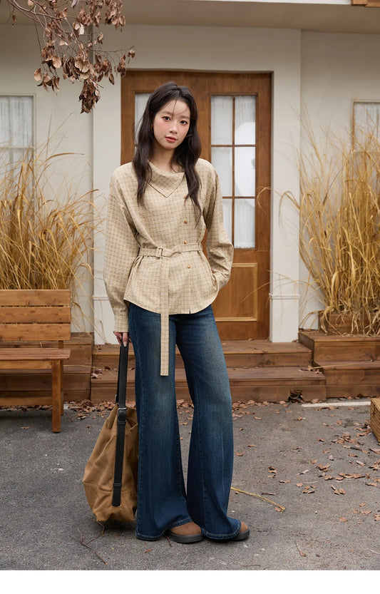Women Casual Shirt 2025 Autumn Winter Fashion Belt Design Asymmetrical Retro Long Sleeves Shirt Women Clothes MXE88C2417