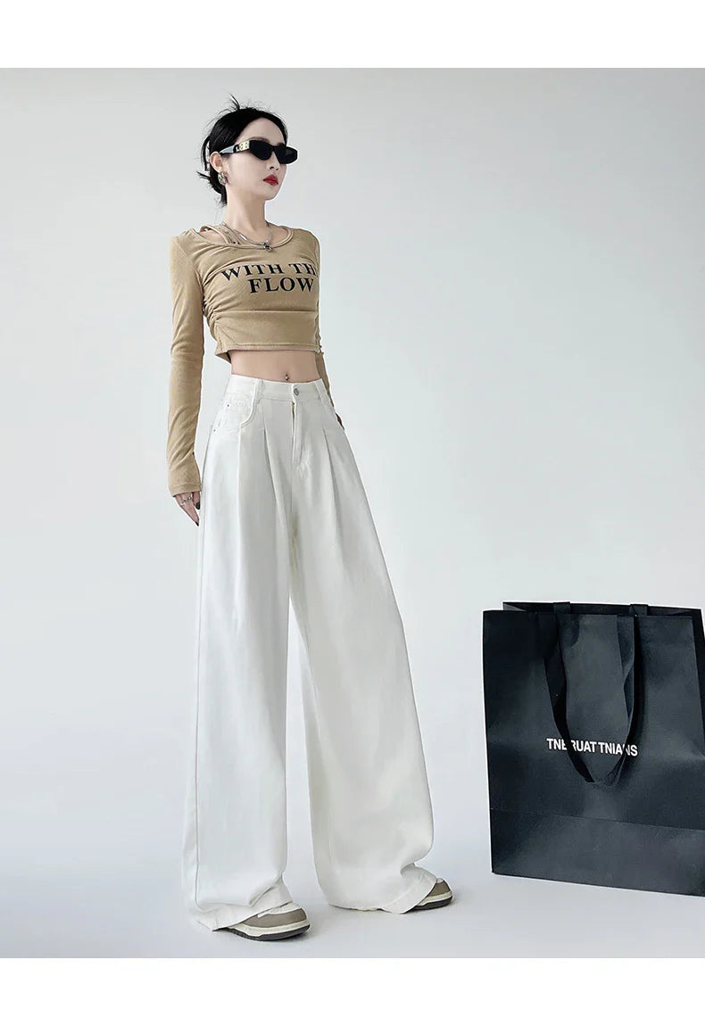 White Thin Pleated High Waist Non-Light Wide Leg Jeans Women's American High-End Loose Straight Lazy Floor-Length Pants