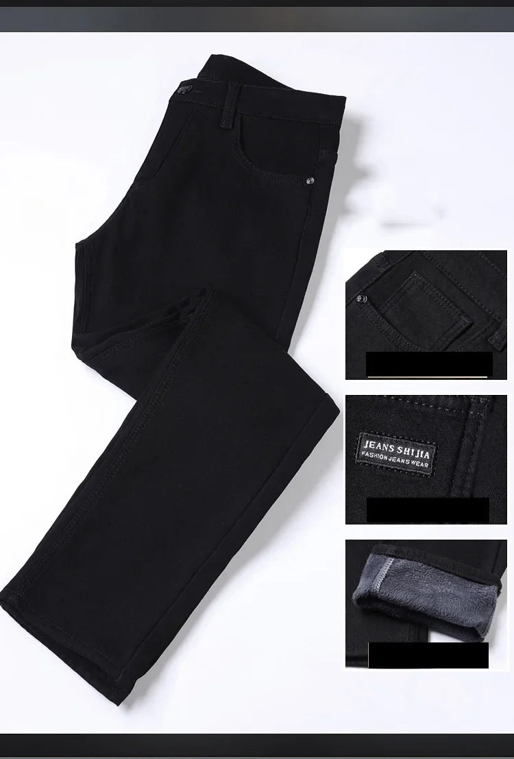 2025 New Winter Pure Black Fleece Thick Warm Jeans Men's loose Straight Elastic Denim Pants classics Casual Plush Trousers