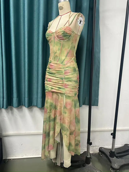 Sexy Sleeveless Floral Print Long Dresses Fashion Women Split Spaghetti Strap Summer Bodycon Casual Beach Evening Party Vestidos