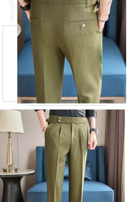 British Style Naples Men's High-end Linen Pants High Waist Straight Slim Fit Casual Trousers High Quality Solid Social Suit Pant