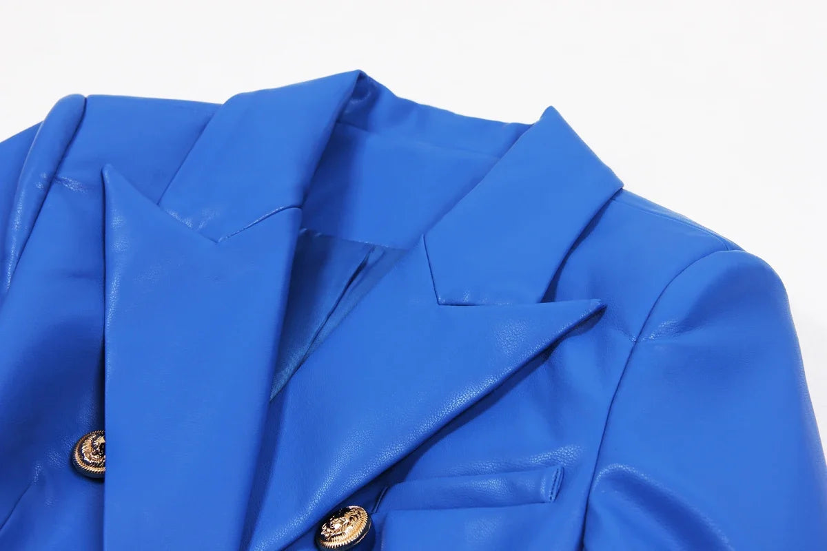 S-3XL High Quality Fashion New PU Leather Fabric Double breasted Long Sleeve Slim Fit Commuter Women's Suit Coat Blazer