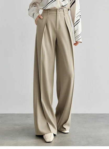Women's Tailored Trousers Formal Solid High-waist Folds Twill Workwear Pockets Full-length Pants 2026 Spring 151K57704