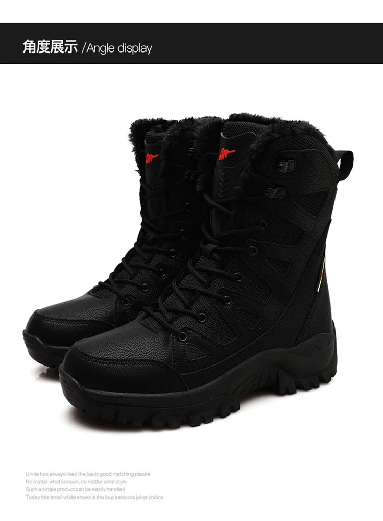 New High Top Men's Boots Waterproof Winter Boots Warm Plush Snow Boots Men Lace Up Casual Anti-Slip Ankle Boots Army Work Boots