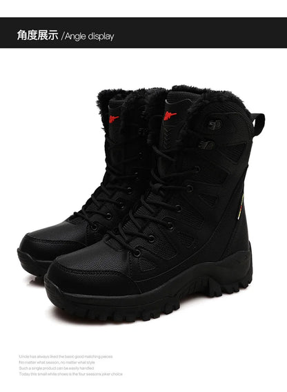 New High Top Men's Boots Waterproof Winter Boots Warm Plush Snow Boots Men Lace Up Casual Anti-Slip Ankle Boots Army Work Boots