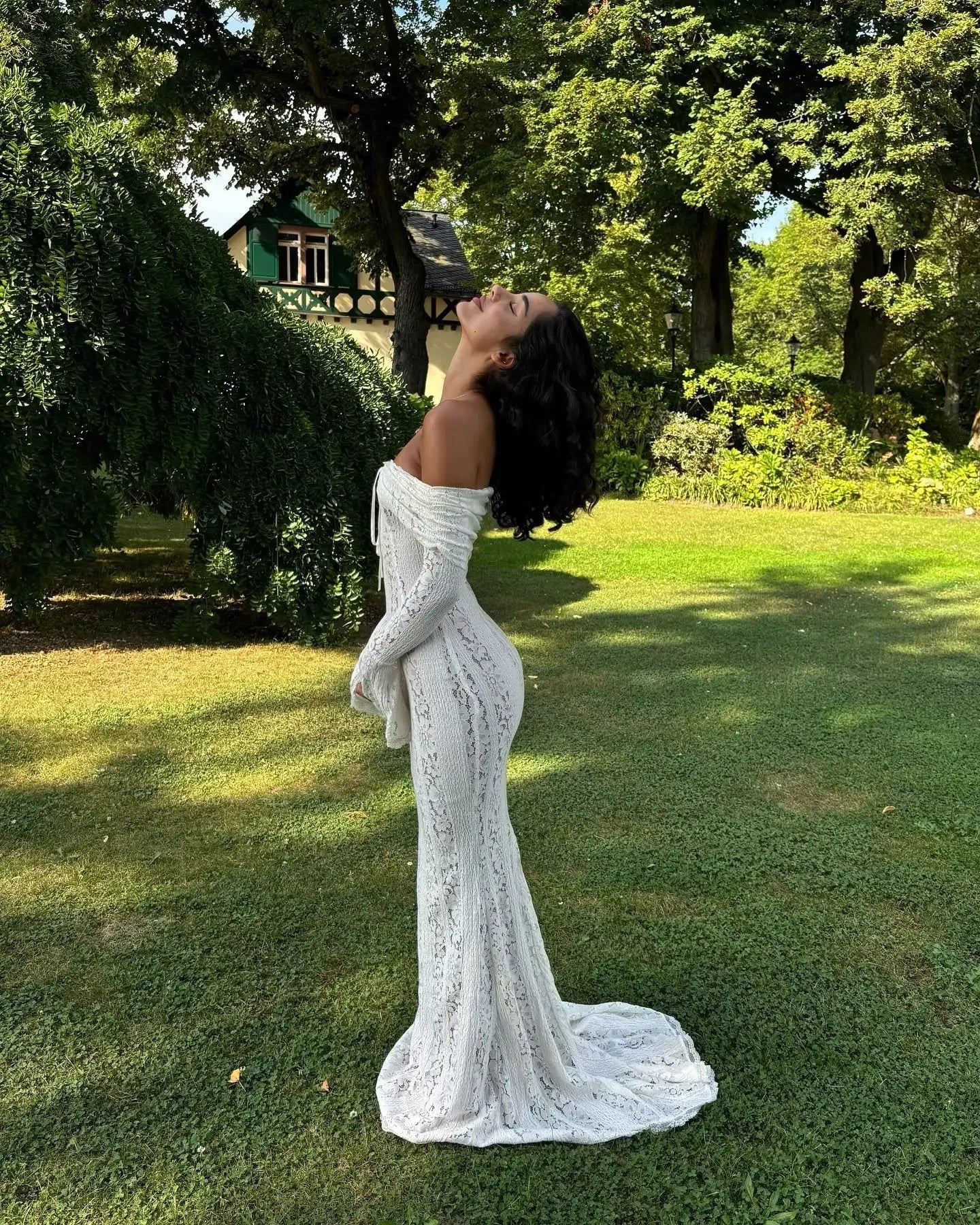 Elegant Off The Shoulder Bodycon Dress 2024 New in White Flare Sleeve Lace Maxi Dress Wedding Guest Dress for Women