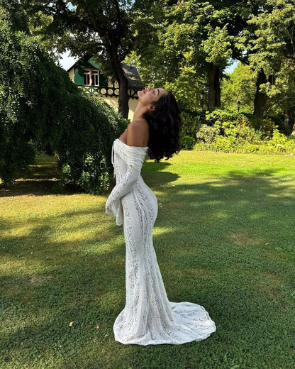 Elegant Off The Shoulder Bodycon Dress 2024 New in White Flare Sleeve Lace Maxi Dress Wedding Guest Dress for Women