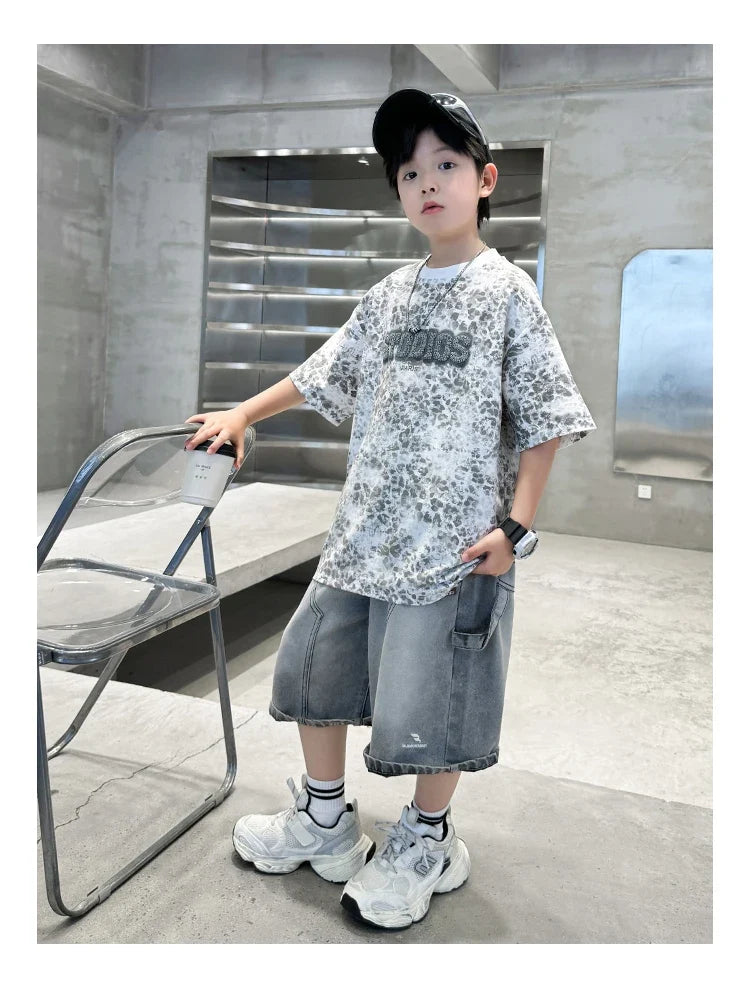 Baby Child Summer Cotton Suit With Shorts for Boy Leopard Print T-shirt + Denim Shorts Top and Bottom Clothes Set For Kids 2-14Y