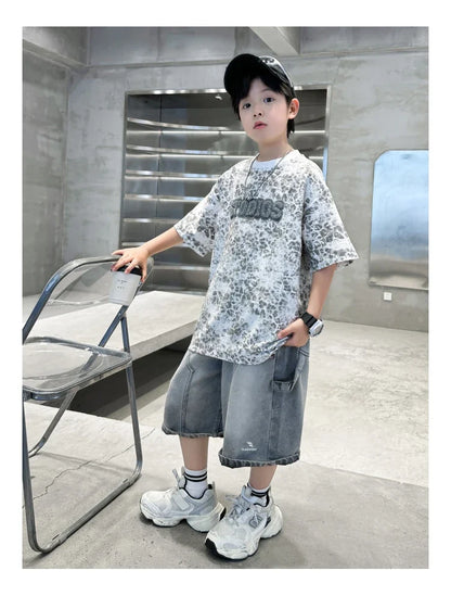 Baby Child Summer Cotton Suit With Shorts for Boy Leopard Print T-shirt + Denim Shorts Top and Bottom Clothes Set For Kids 2-14Y