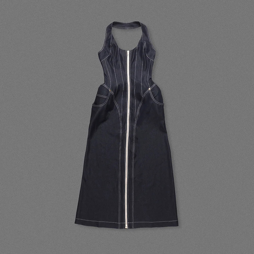 2025 New Women Celebrity Sexy Backless Halter Blue Zipper Denim Maxi Long Gowns Dress Elegant Evening Party Club Vestido