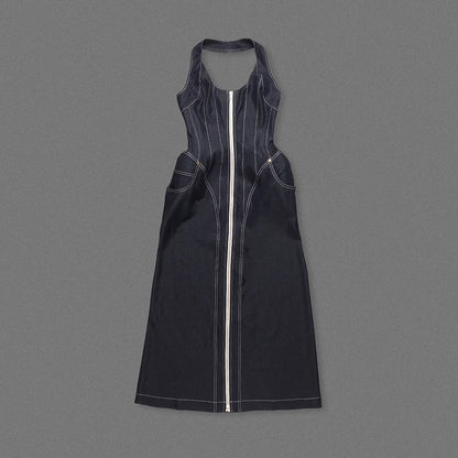 2025 New Women Celebrity Sexy Backless Halter Blue Zipper Denim Maxi Long Gowns Dress Elegant Evening Party Club Vestido