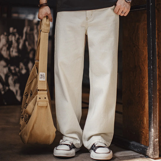 Men's Vintage Heavyweight Washed White Jeans Straight 100% Cotton CleanFit Casual Pants with Zip Fly for Spring and Autumn