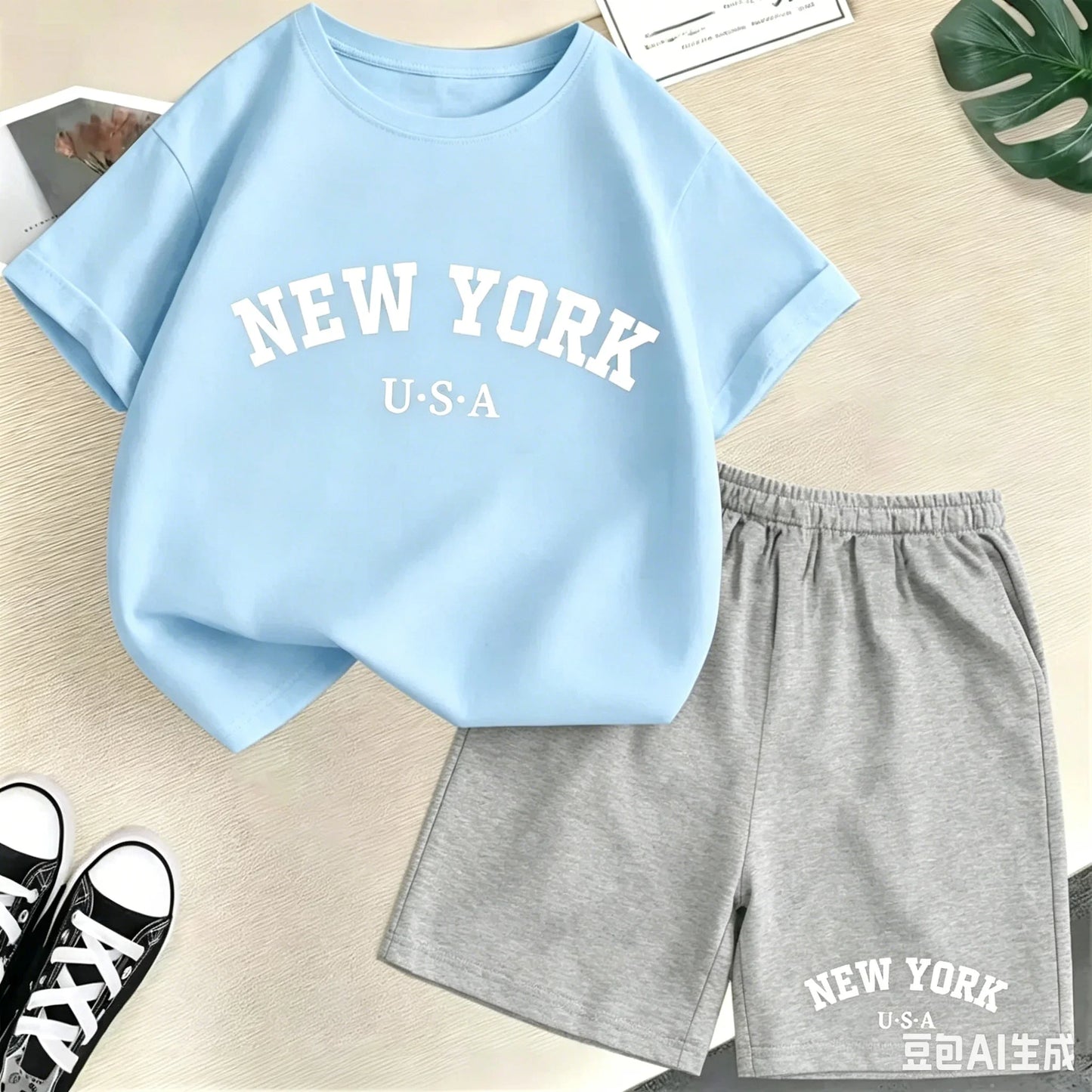 2026 New Kids Boys Girls New York Letter Pattern Cotton T-shirt+Shorts 2-Piece Set Casual Daily