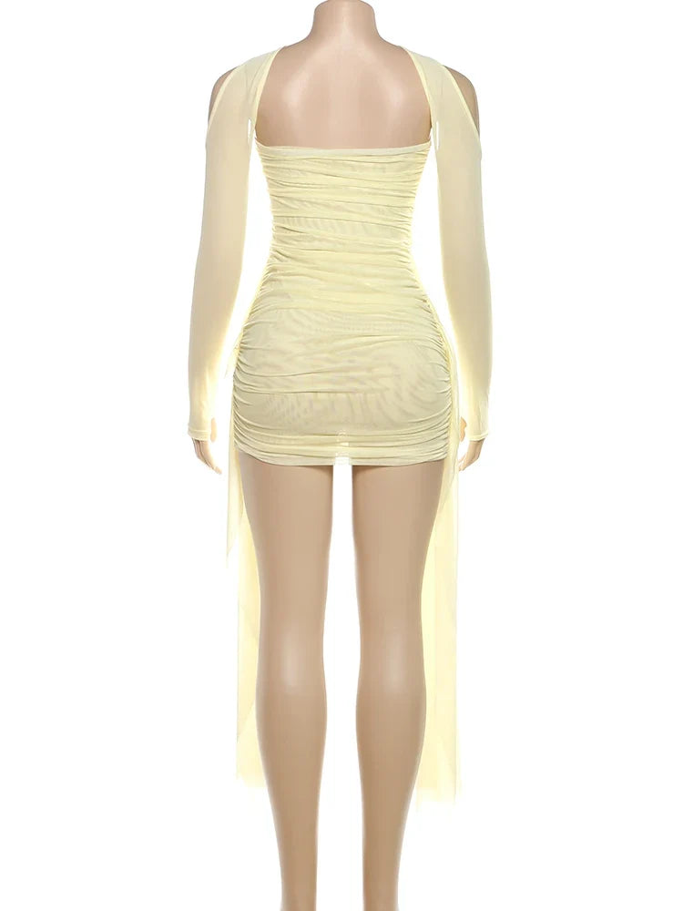 Mesh Simple Mini Dress Fashion Solid Strapless Ribbons Tassel Body-shaping Vestidos+Seperately Full Sleeve Gloves