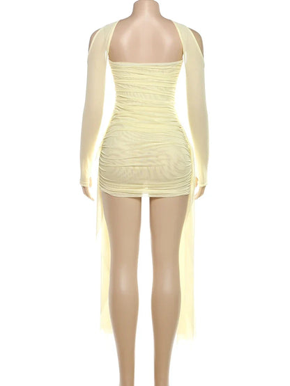 Mesh Simple Mini Dress Fashion Solid Strapless Ribbons Tassel Body-shaping Vestidos+Seperately Full Sleeve Gloves