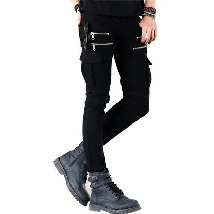 Fashion Fold Men Jeans Stretch Pleated Biker Cargo Jeans Zipper Skinny Slim Fit Trouser Hiphop Punk Multi Pocket Denim Pant Male