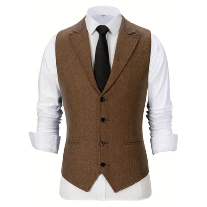 Men Vest Brown Herringbone Single Button With Lapel Waistcoat For Wedding Party Business Work Office Daily Casual Men Suit Vest