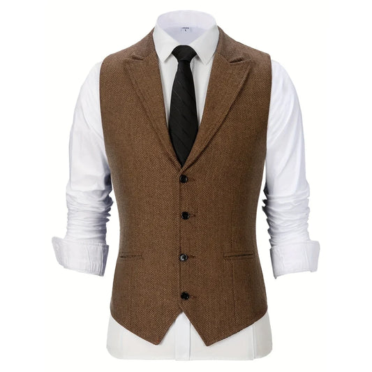 Men Vest Brown Herringbone Single Button With Lapel Waistcoat For Wedding Party Business Work Office Daily Casual Men Suit Vest