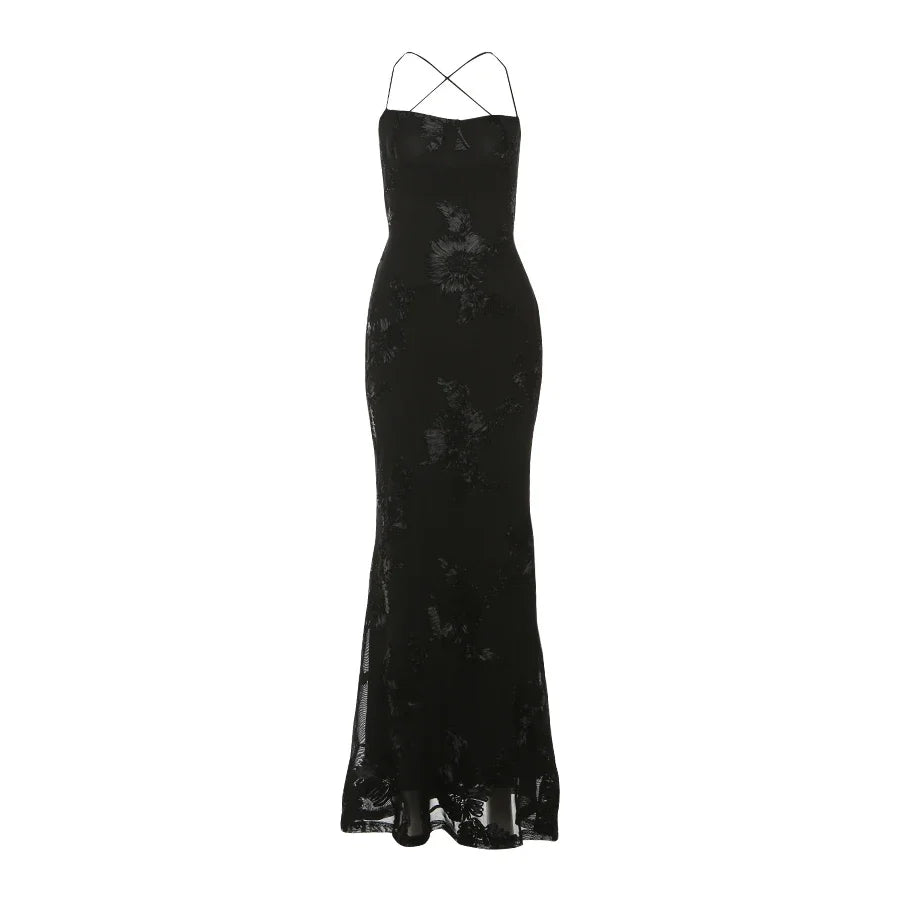 Elegant Flower Embroidery Maxi Dress Women Low-Neck Cross Bandage Backless Summer Street Trend Skinny Holiday Vestidos