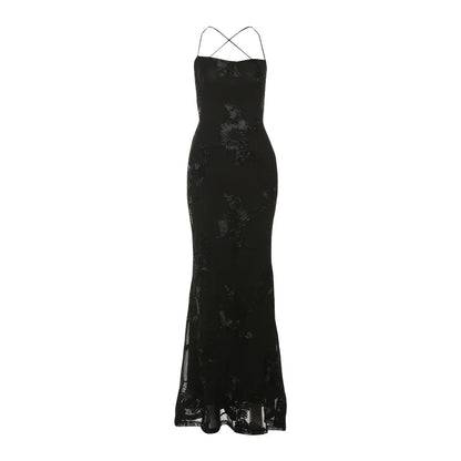 Elegant Flower Embroidery Maxi Dress Women Low-Neck Cross Bandage Backless Summer Street Trend Skinny Holiday Vestidos