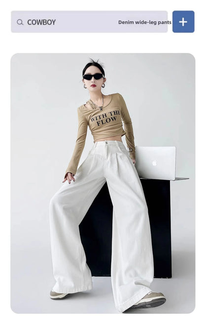 White Thin Pleated High Waist Non-Light Wide Leg Jeans Women's American High-End Loose Straight Lazy Floor-Length Pants