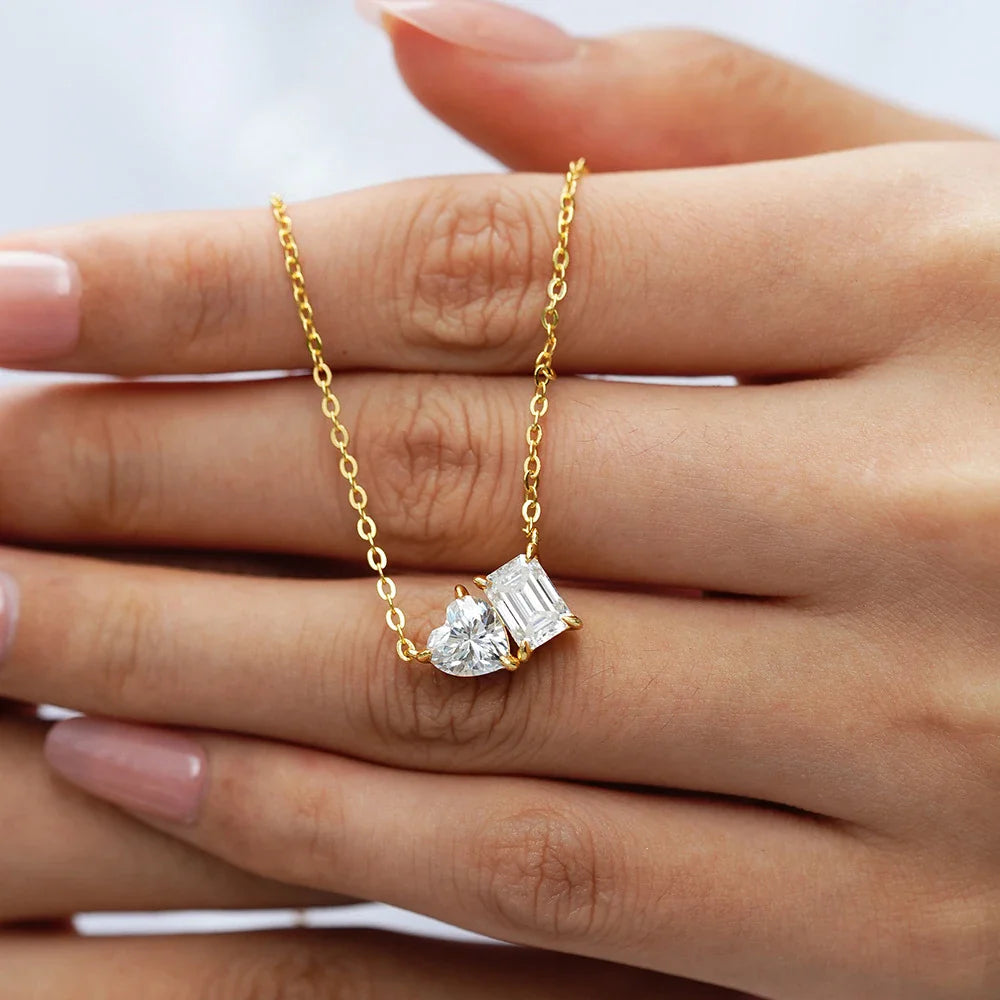 2CTTW Pear and Emerald Cut Moissanite Pendant Necklace Toi Et Moi 2 Stone Lab Diamond Necklace for Women S925 Silver 18K Jewelry