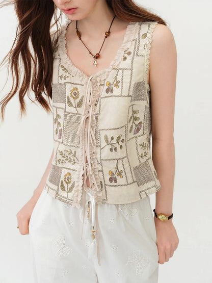 2026 Summer Women's Printed Embroidered Sleeveless Round Neck Top - Elegant Retro Commuter Blouse for Office
