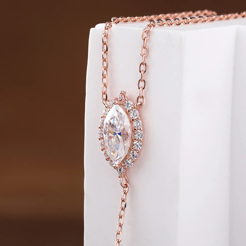 Marquise Cut Full Moissanite Pendant Necklace for Women 100% S925 Silver Y-style Halo Diamond Drop Neckchain with Certificate