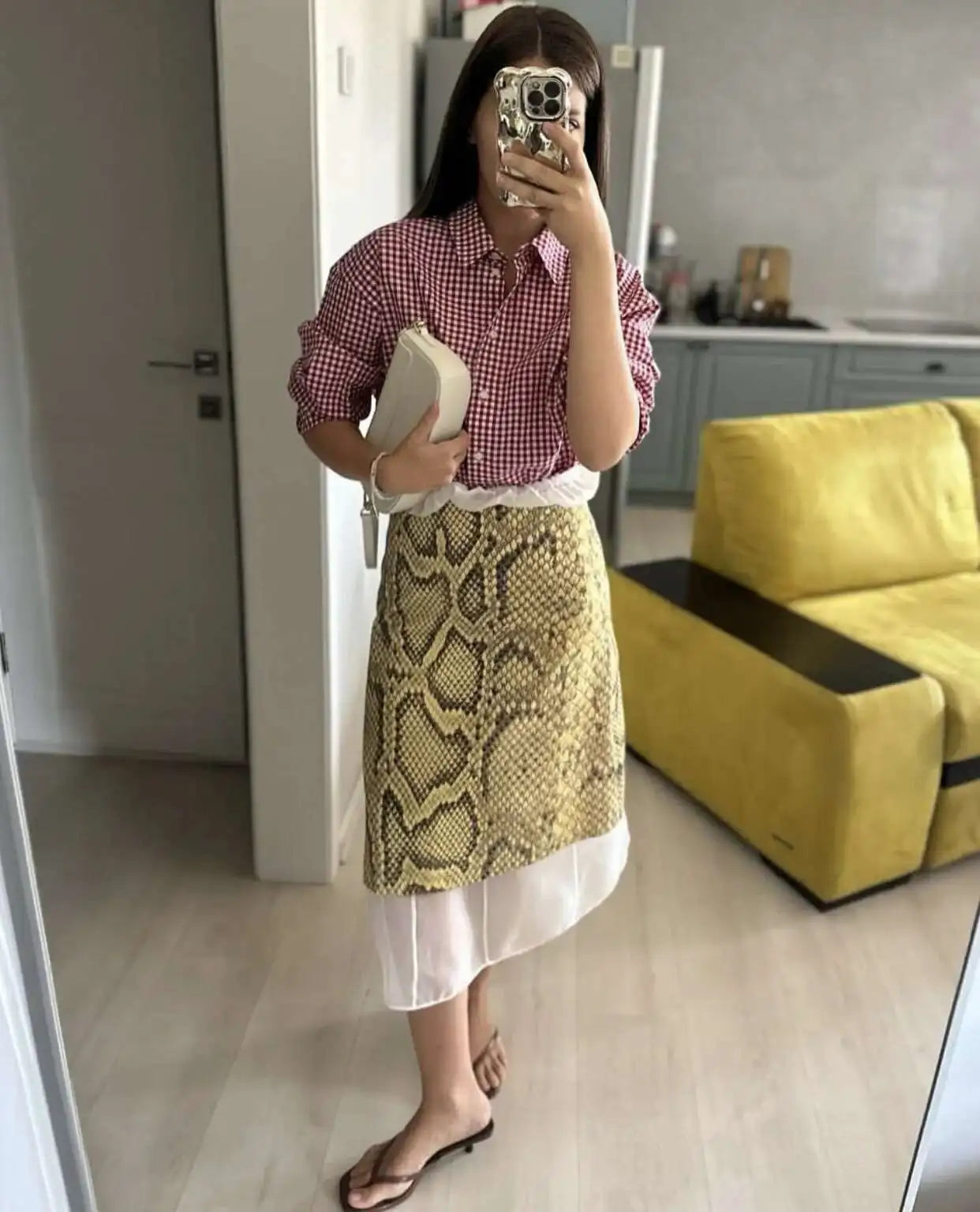 Snakeskin Printed Fashion Skirt Women's High Waist Slim Contrast Patchwork Commute Streetwear Female Vintage Y2k Skirt DDX8