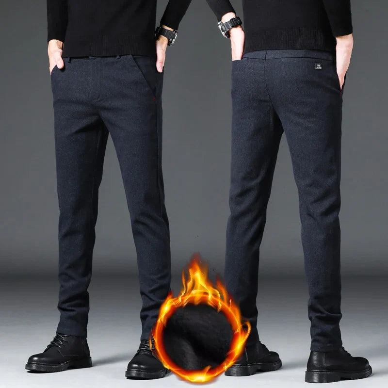 Fashion Men Thermal Fleece Casual Pants Winter Thick Straight Slim Velvet Trousers Brand Clothing Korean Male Pants Size 28-38