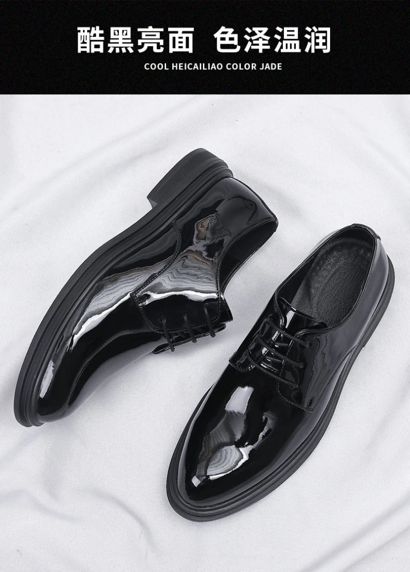 Mens Black Patent Leather Lace Up Dress Shoes With Thick Sole Platform Block Heel Formal Business Wedding Party Office Work Shoe