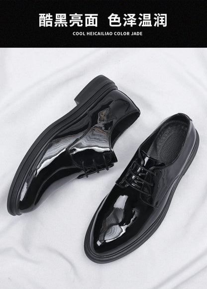 Mens Black Patent Leather Lace Up Dress Shoes With Thick Sole Platform Block Heel Formal Business Wedding Party Office Work Shoe