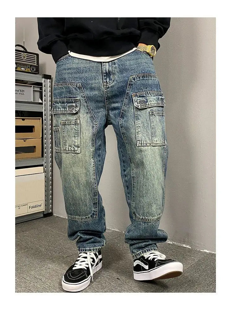 Autumn American Casual Ruffian Handsome Washed Retro Tooling Jeans Men's Straight Loose High Street Tapered Pants Tide
