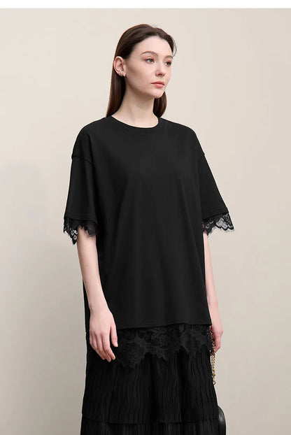 Women's T-Shirt 2026 Summer Round Neck Drop Shoulder Cotton Tee Lace Lace Patchwork Loose Side Slit Top For Women 12652004