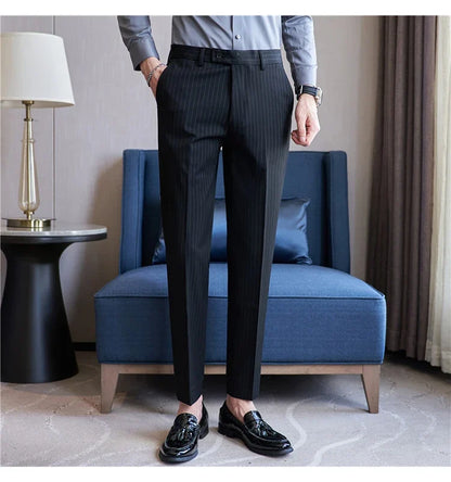 New Korean Style Fashion Striped Embroidery Suit Pants Men's Business Slim Casual Straight Pants Formal Wedding Party Trousers