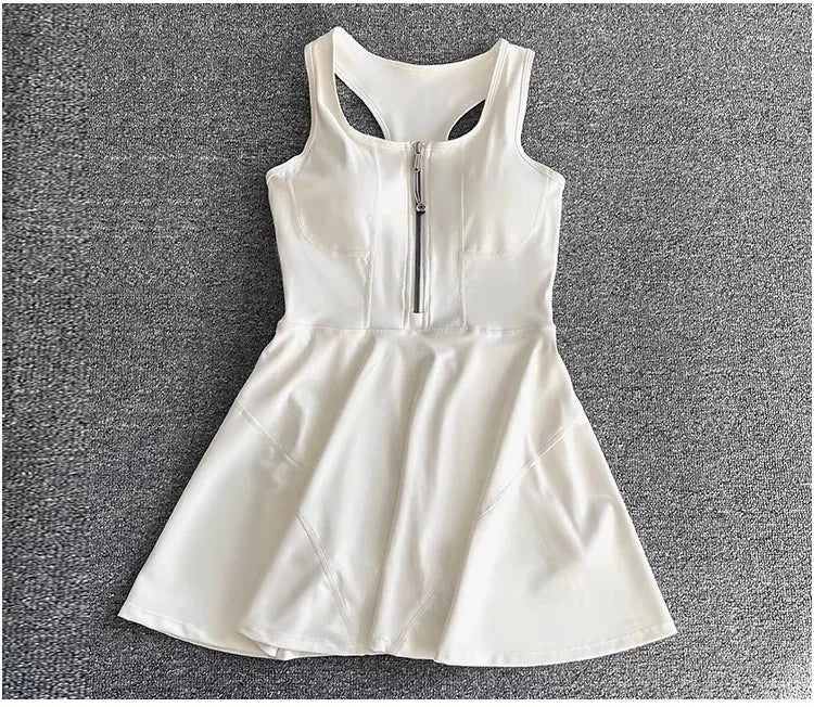 Tennis Skirt Casual Half Zipper Sports Fitness Dress Anti-Running High Waist Slim Golf Yoga Dress