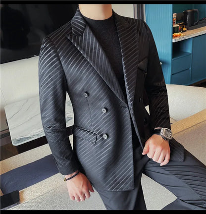 British Style Luxury Men Double Breasted Twill Suit Jacket High Quality Fashion Business Slim Fit Groom Social Party Suit Dress