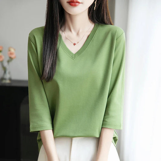 Spring And Summer New Cotton V-neck T-shirt Short-Sleeved Women's Half-Sleeve Bottoming Shirt High-End Cropped Sleeve Top
