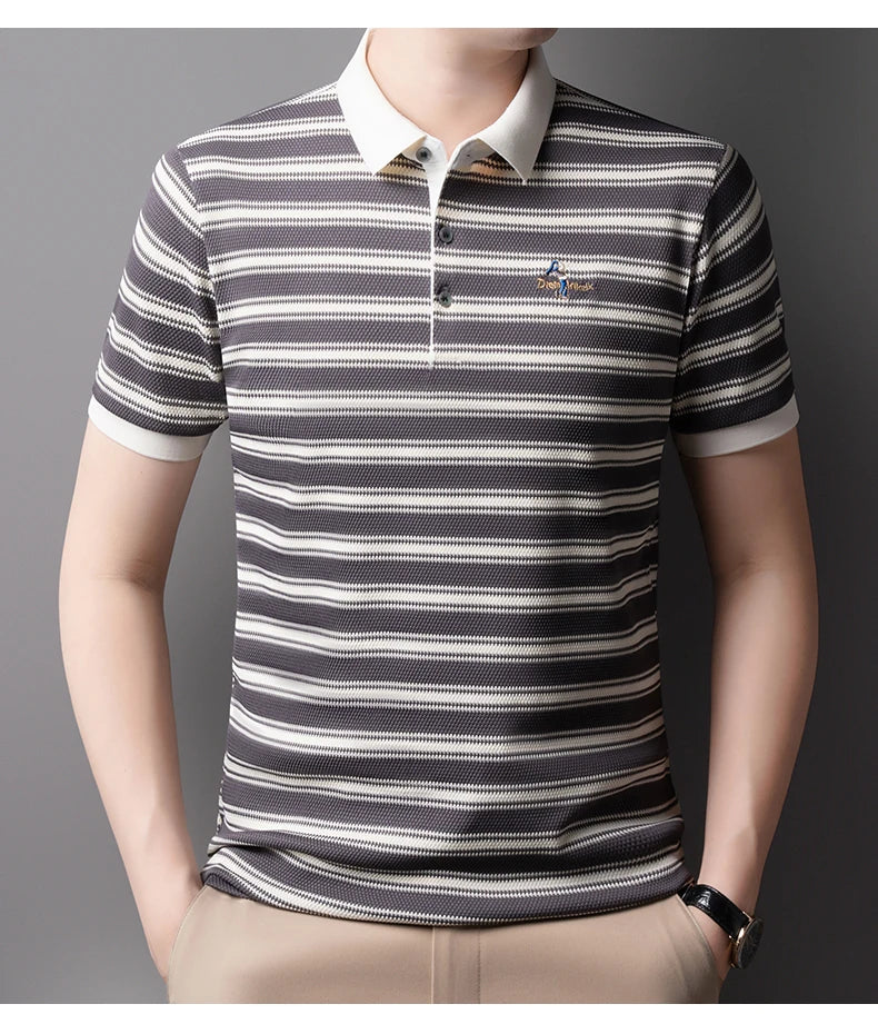 Classic striped men polo shirt summer cool breathable short sleeve fashion brand letter embroidery luxuriou casual lapel T-shirt