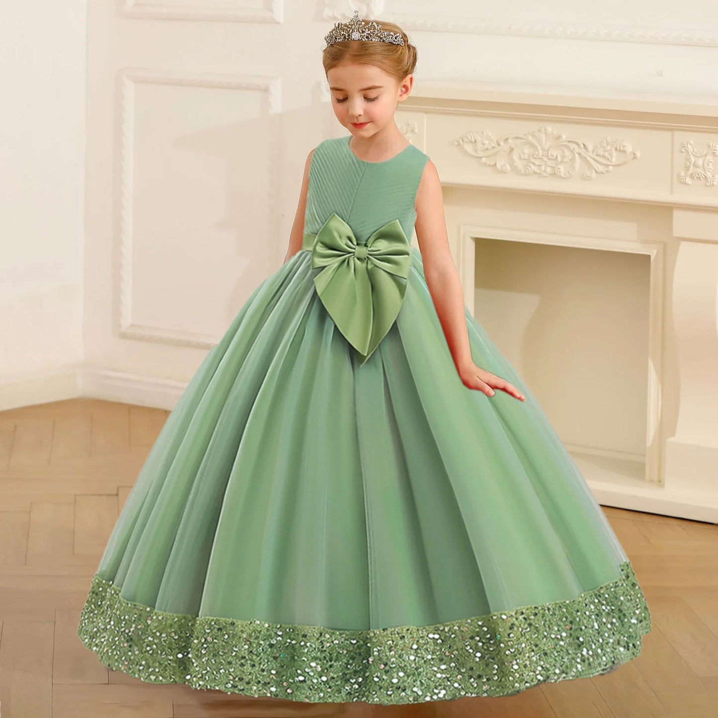 Fluffy Sequin Bridemaid Princess Girls Dress Elegant Bow Pink Wedding Prom Evening Kids Party Dresses for Girl Birthday Costumes