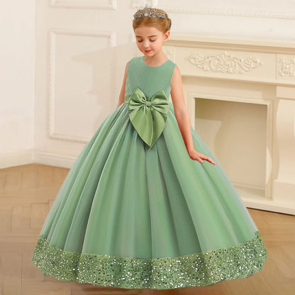 Fluffy Sequin Bridemaid Princess Girls Dress Elegant Bow Pink Wedding Prom Evening Kids Party Dresses for Girl Birthday Costumes