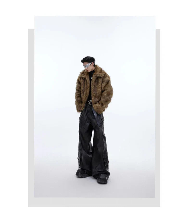 Winter Short Thick Warm Brown Hairy Soft Faux Fur Coat Men with Turn-down Collar Long Sleeve Fluffy Jackets 2024