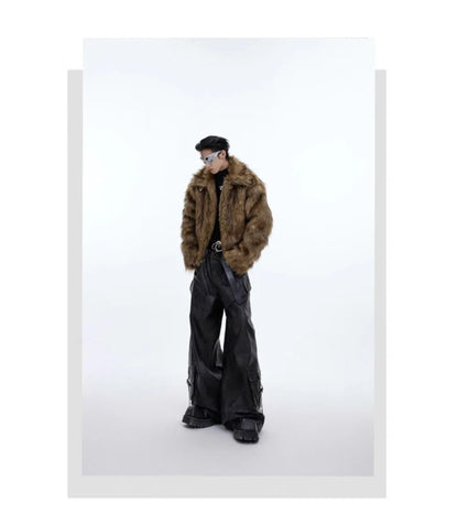 Winter Short Thick Warm Brown Hairy Soft Faux Fur Coat Men with Turn-down Collar Long Sleeve Fluffy Jackets 2024