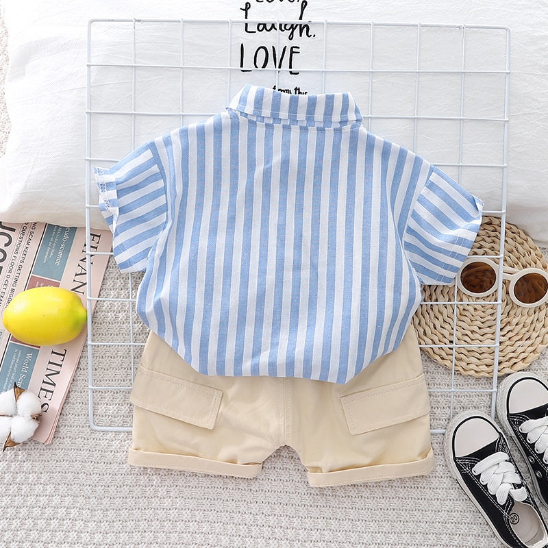 New Summer Baby Boy Clothes Set Toddler Boys Striped Cartoon 2-Piece Outfit with Cargo Shorts Casual Infant Children's Clothing