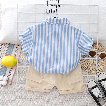 New Summer Baby Boy Clothes Set Toddler Boys Striped Cartoon 2-Piece Outfit with Cargo Shorts Casual Infant Children's Clothing