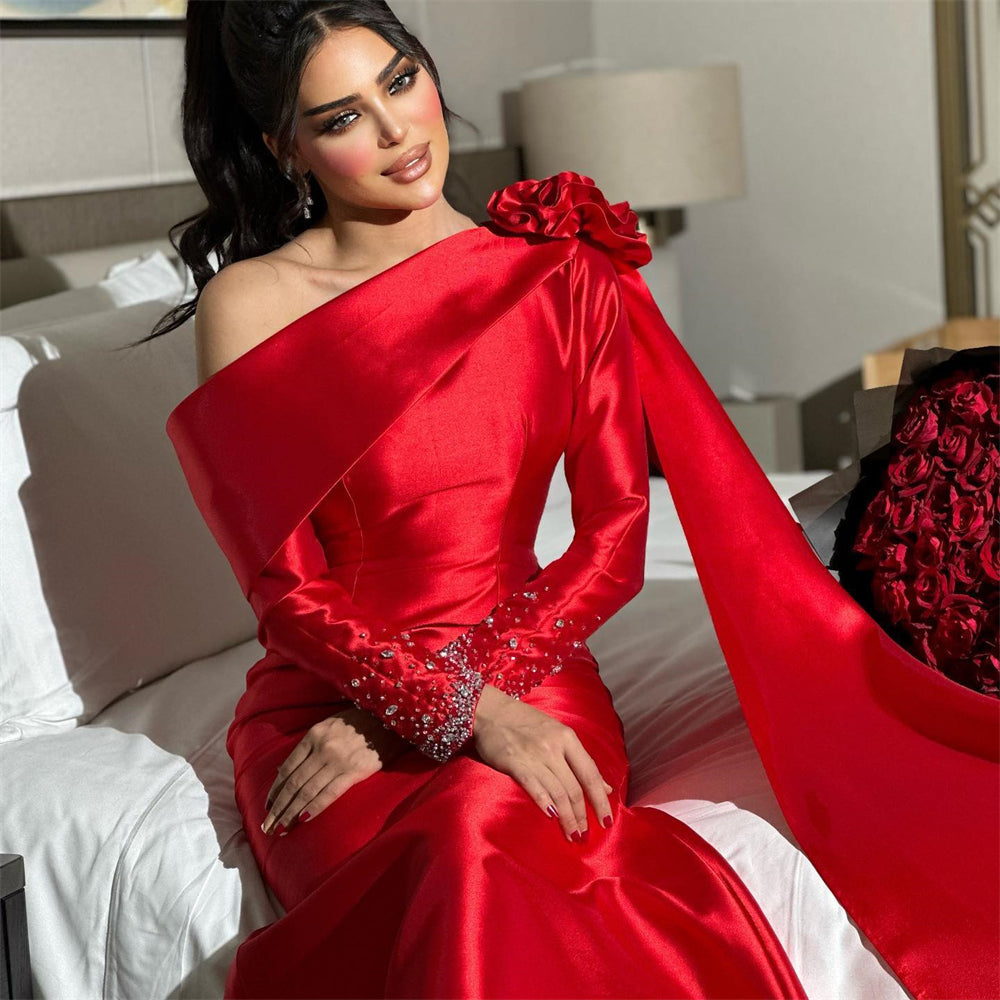 Customized Eleagnt One Shoulder Mermaid Party Dress Floor Length Long Sequin Flower Formal Evening Gowns 이브닝드레스