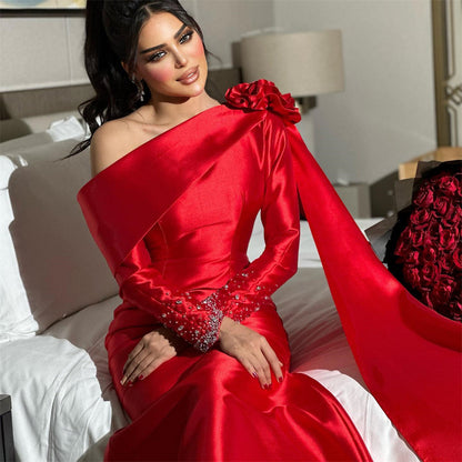 Customized Eleagnt One Shoulder Mermaid Party Dress Floor Length Long Sequin Flower Formal Evening Gowns 이브닝드레스