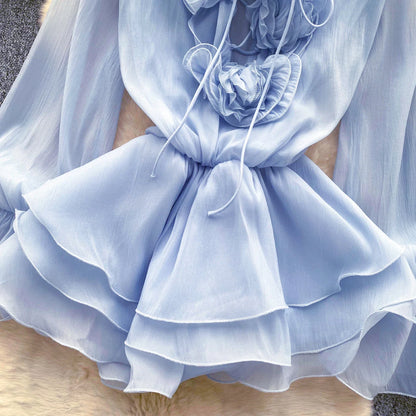 3D Floral Beach Short Dress Female Long Sleeves Lace Up Ruffle Chiffon Cake Sundress Sheer Sexy Vintage Bohemian Dress